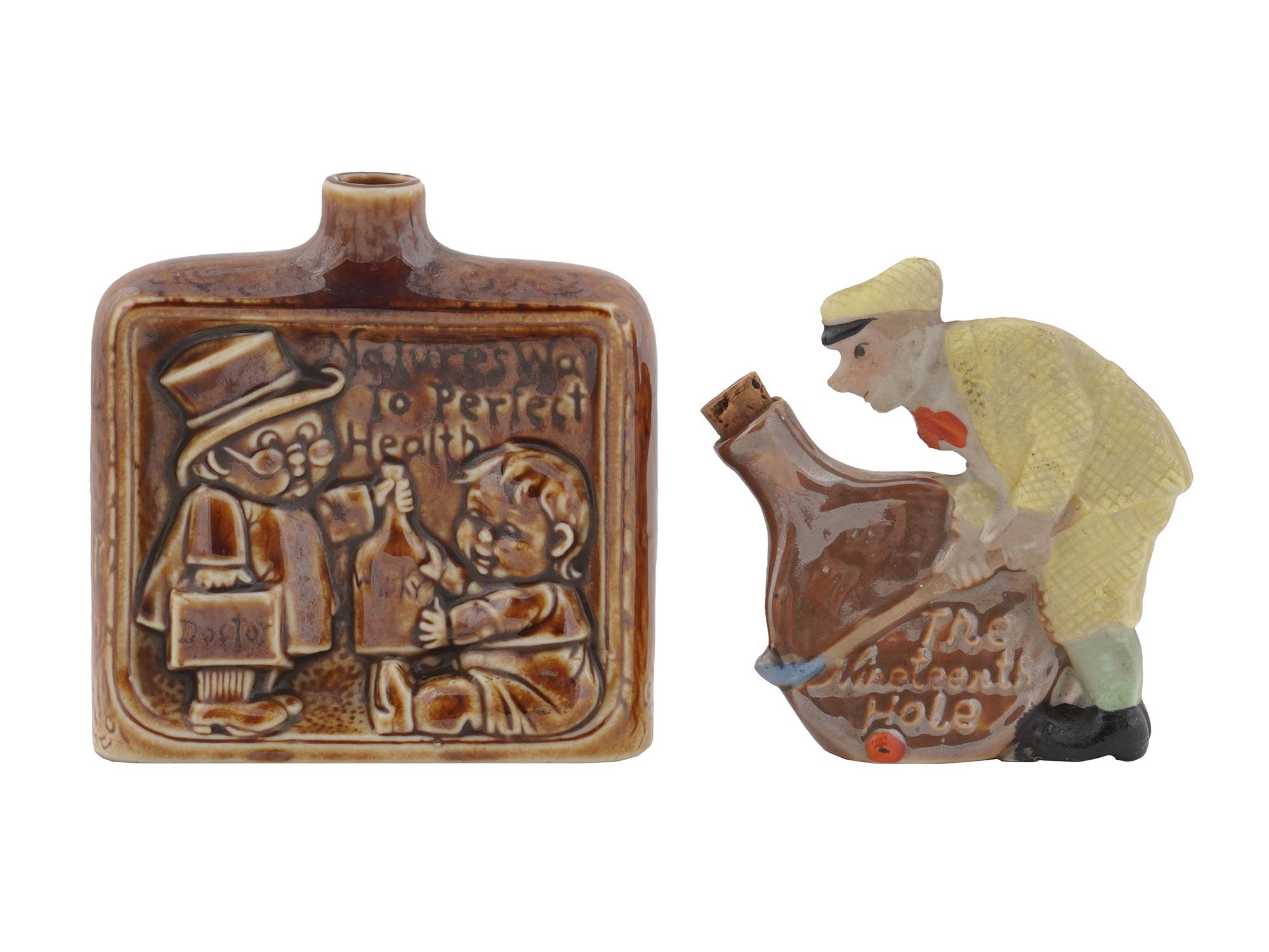 COLLECTION OF FOUR POTTERY NOVELTY WHISKEY FLASK PIC-5